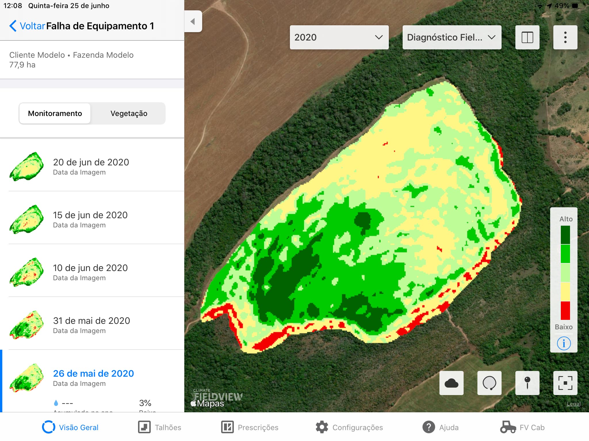 Mapa de NDVI indica que houve falha do equipamento durante a operação