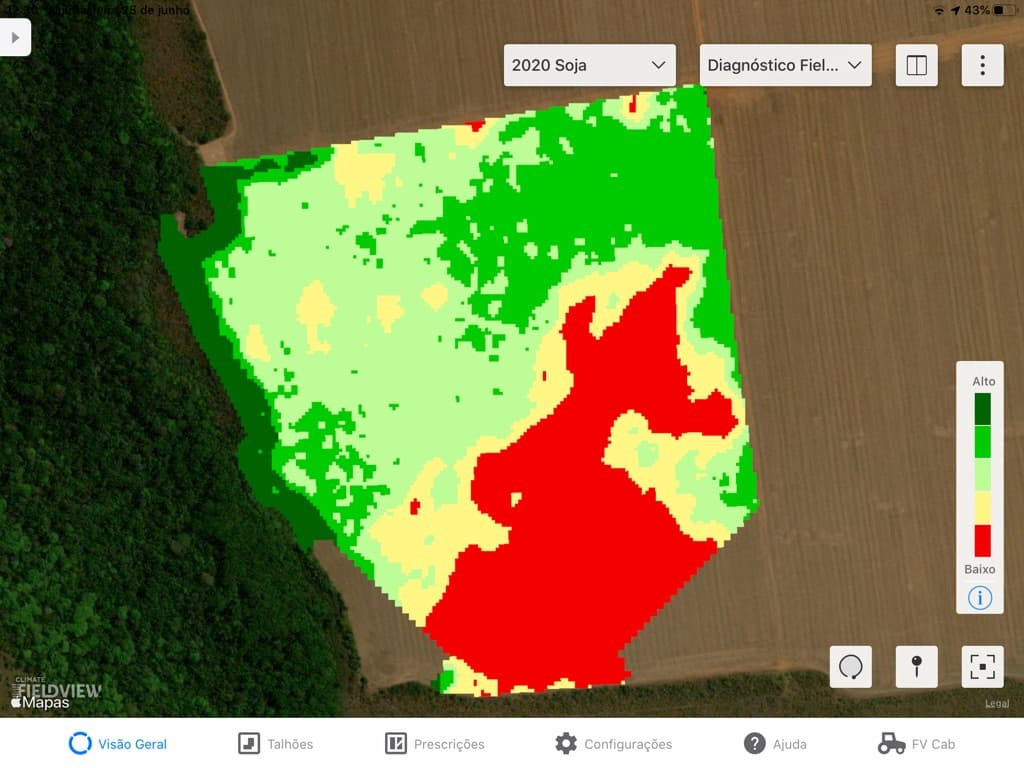 Mapas do Diagnóstico FieldView ajudam a identificar áreas que tiveram menor desenvolvimento por conta da infestação de daninhas
