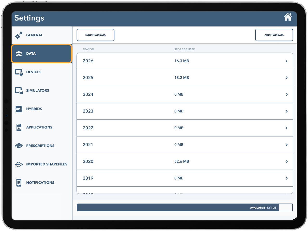 The Data page in the FieldView™ Cab app. 