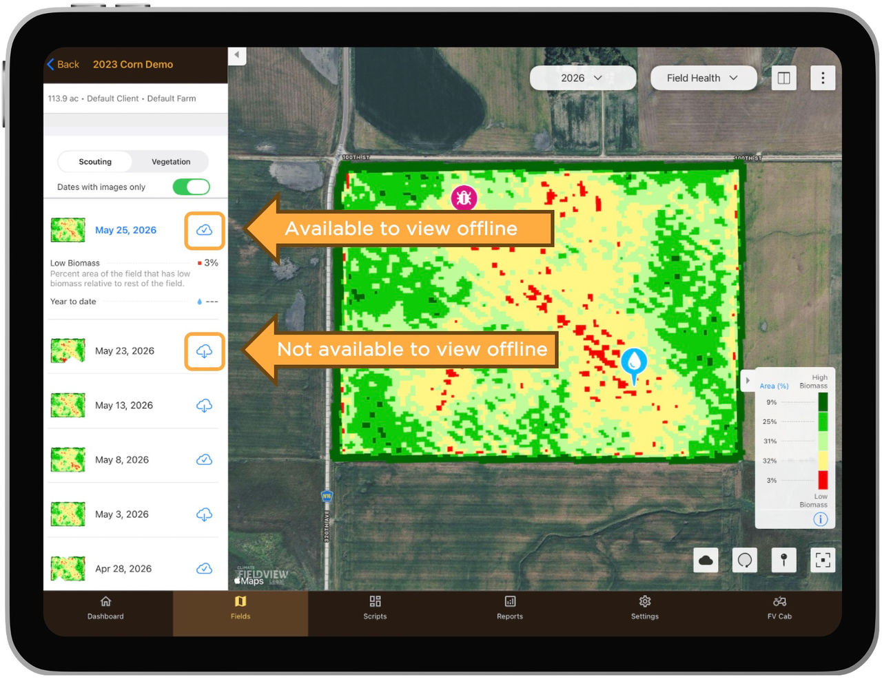 FieldView field health map showing downloaded and undownloaded imagery, with arrows indicating which images are available to view offline.