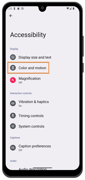 Color and Motion button on Android Settings