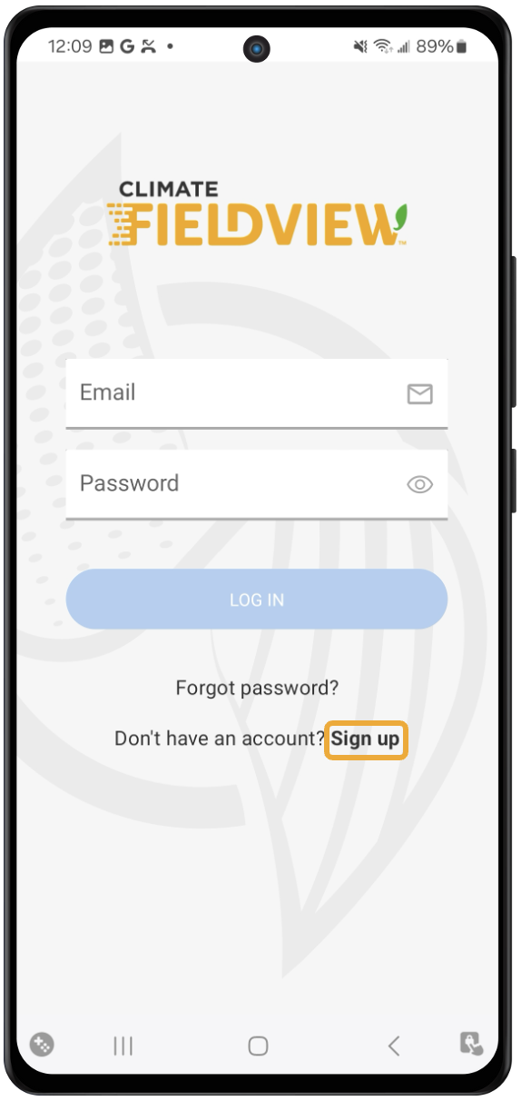 Sign Up button on FieldView app