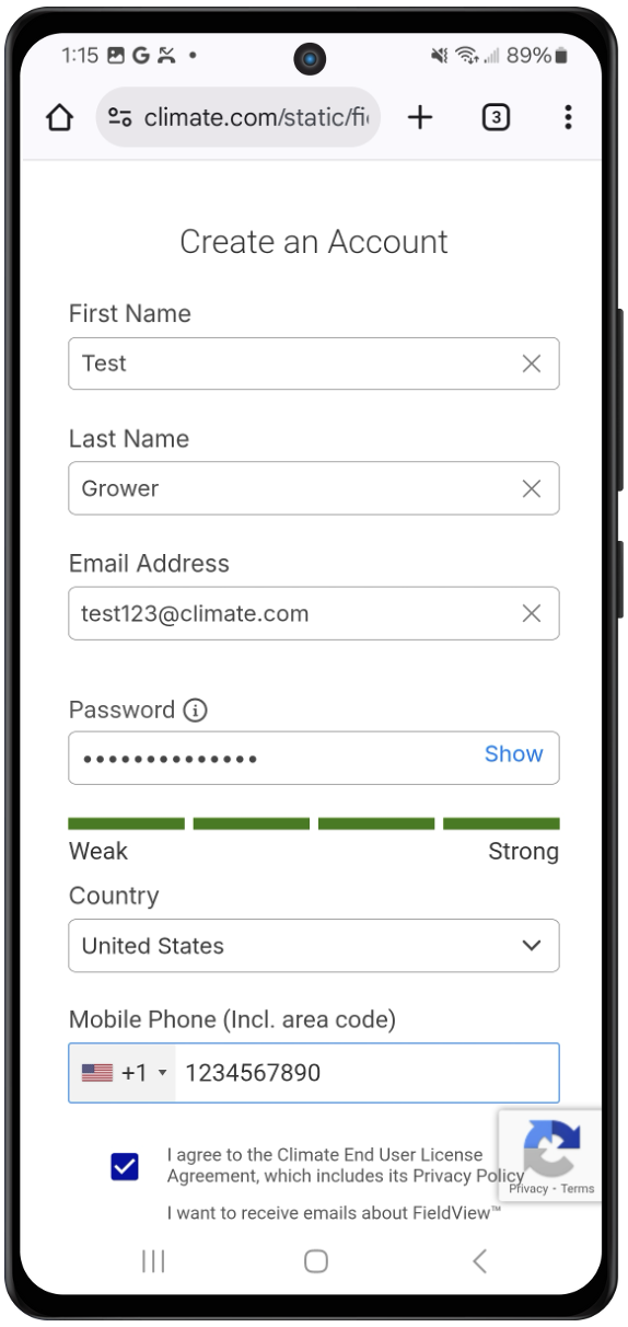 Enter required fields to create an account