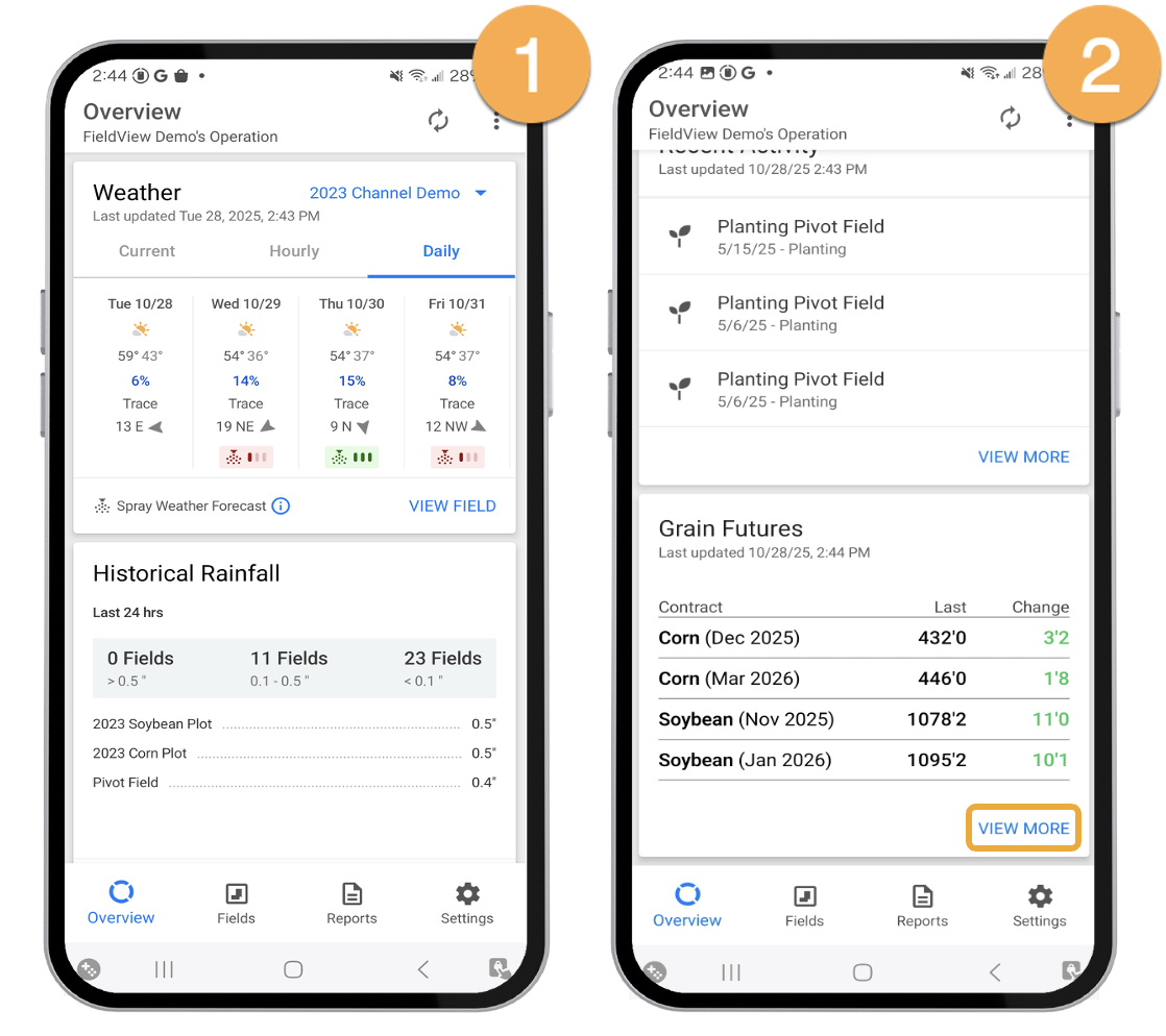 Grain Futures tile on the FieldView app Overview screen