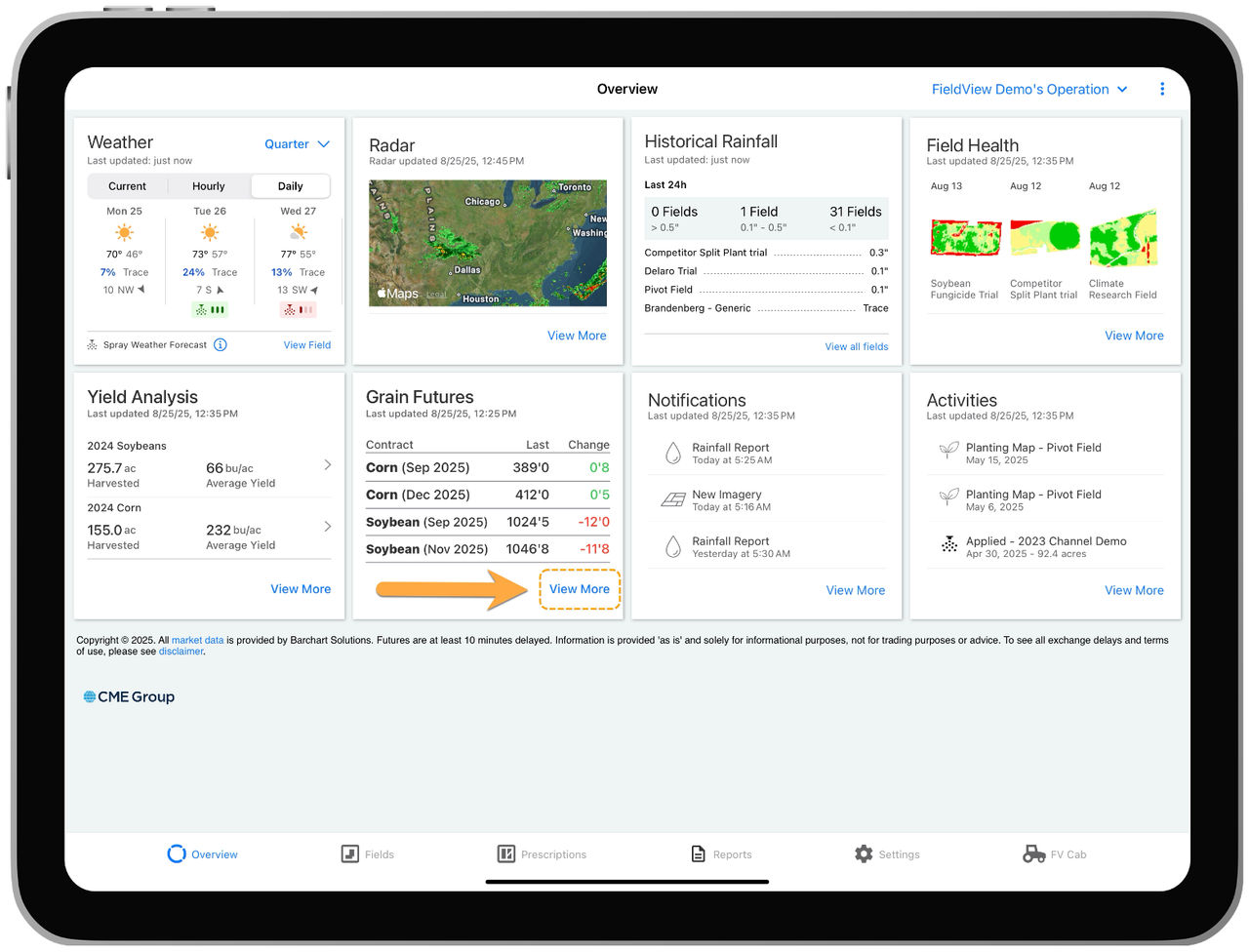 Grain Futures tile on the FieldView app Overview screen