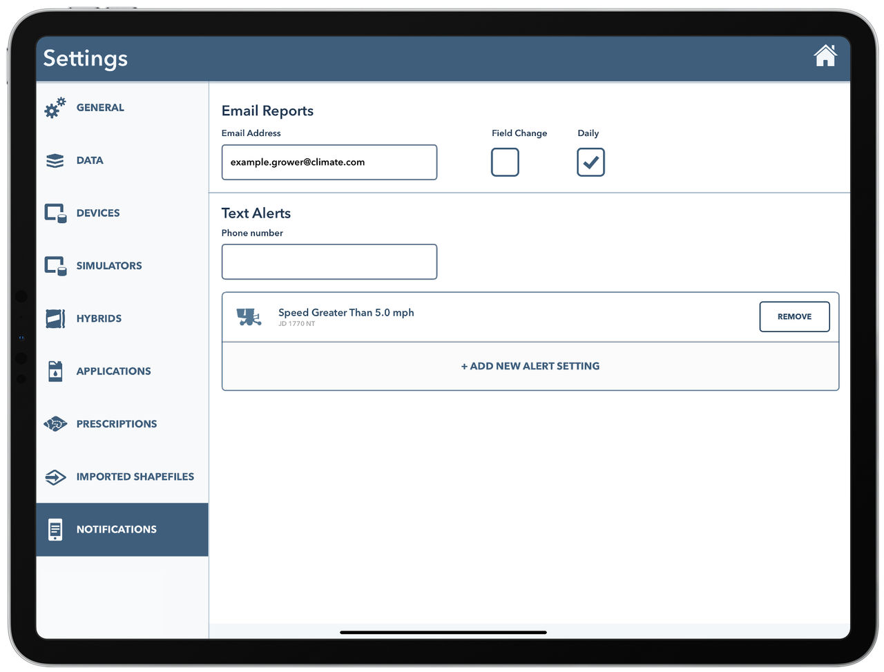 FieldView Cab App Notifications settings screen showing options to enroll in email reports and text alerts.
