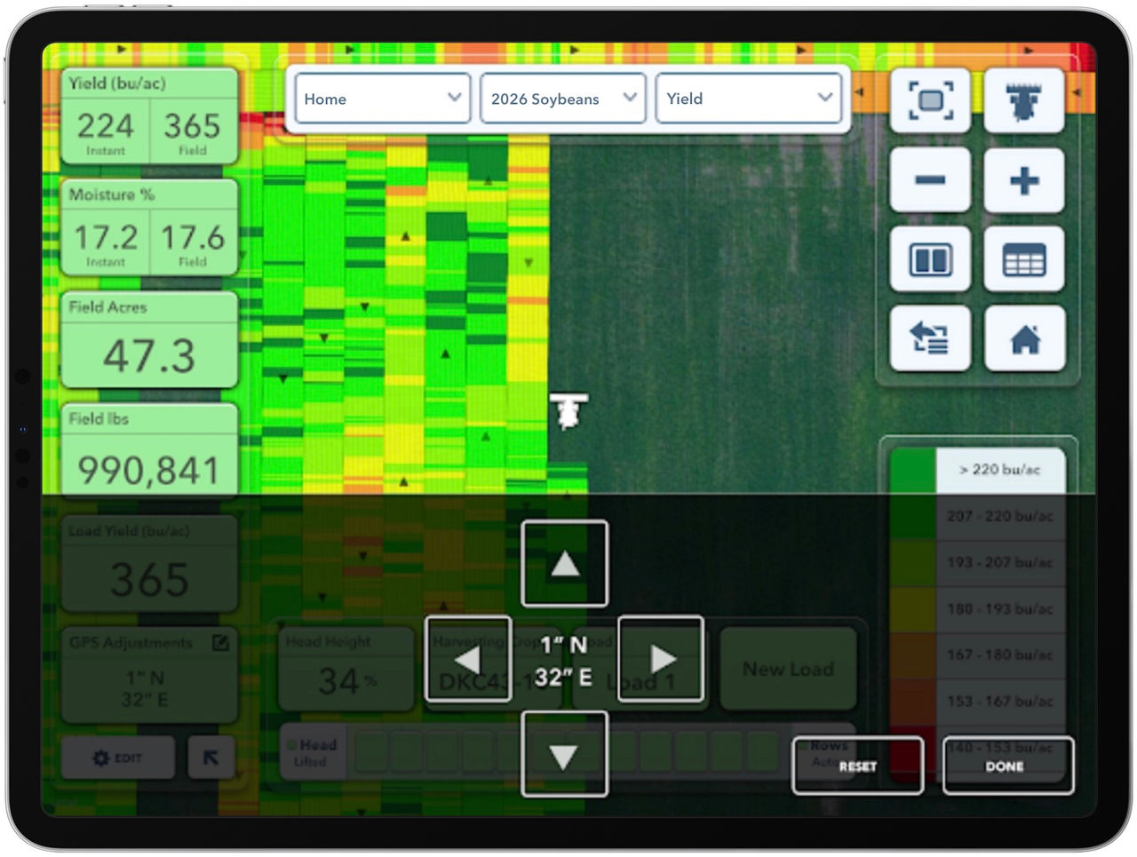 FieldView cab app map and arrows are shown to help farmers adjust their combine’s GPS location from the map screen.