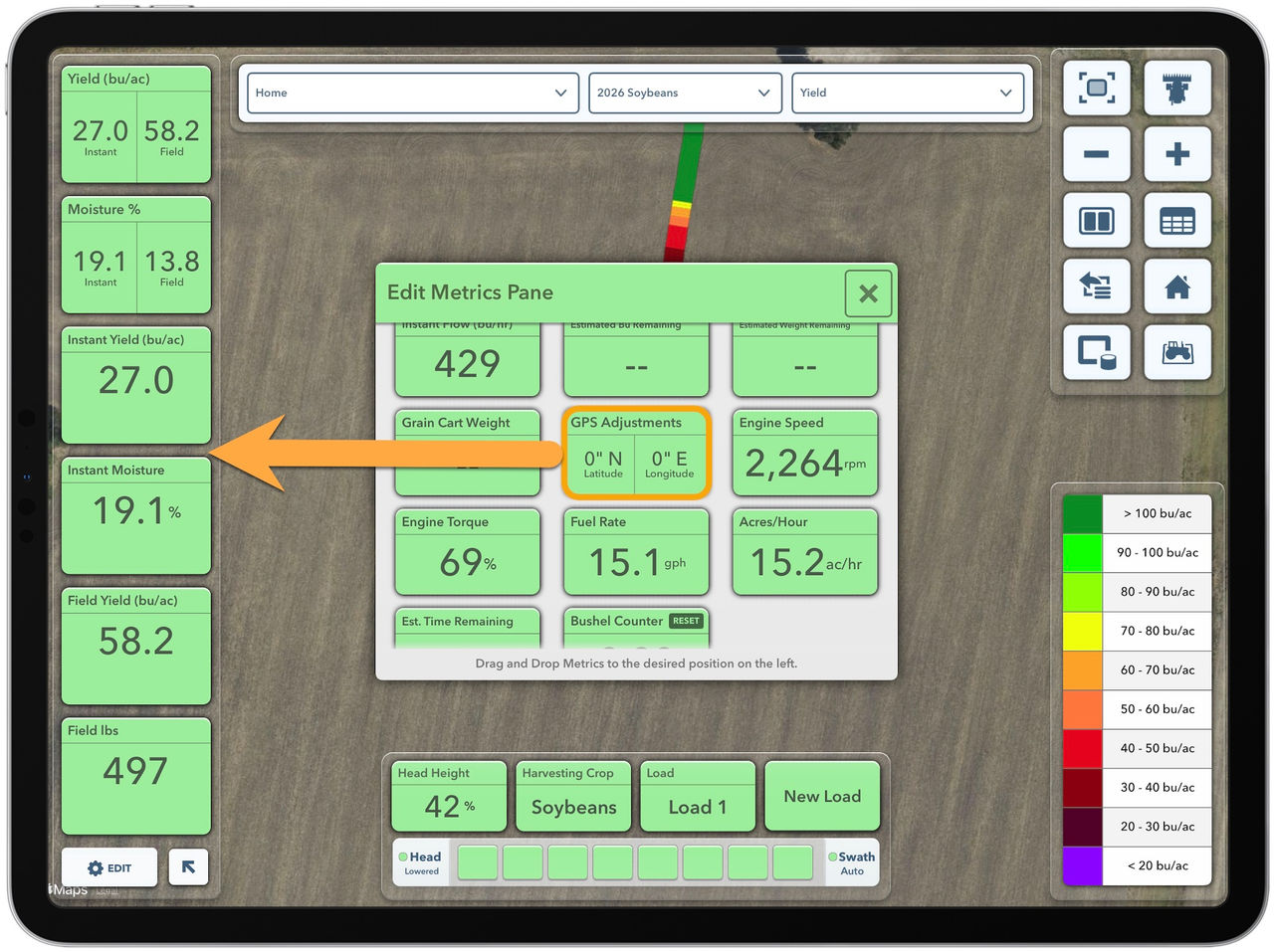 FieldView cab apps Edit Metrics Pane is used to add GPS Adjustments for your combine to measure if adjustments are needed.