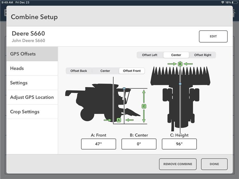 FieldView cab app combine set-up screen displaying 3 basic offset measurements.