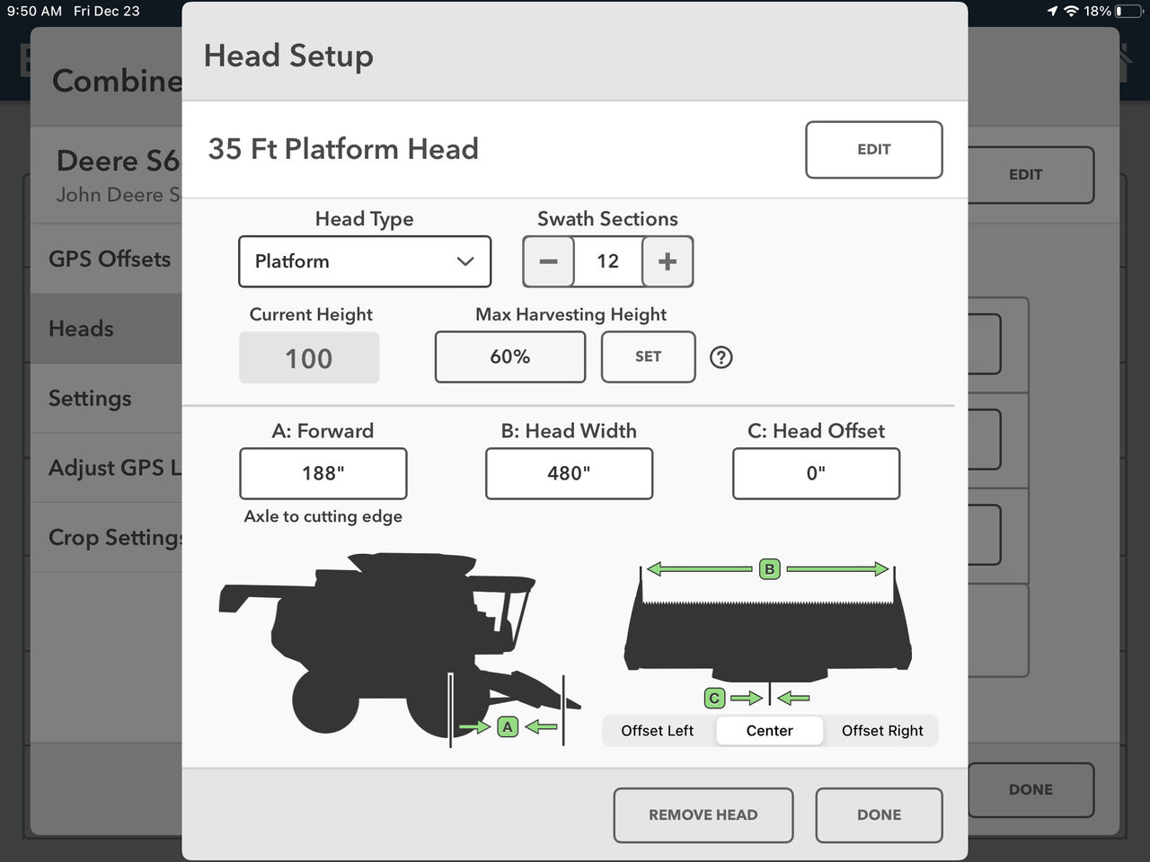 FieldView cab app combine head set-up screen for setting up platform heads and their measurements.