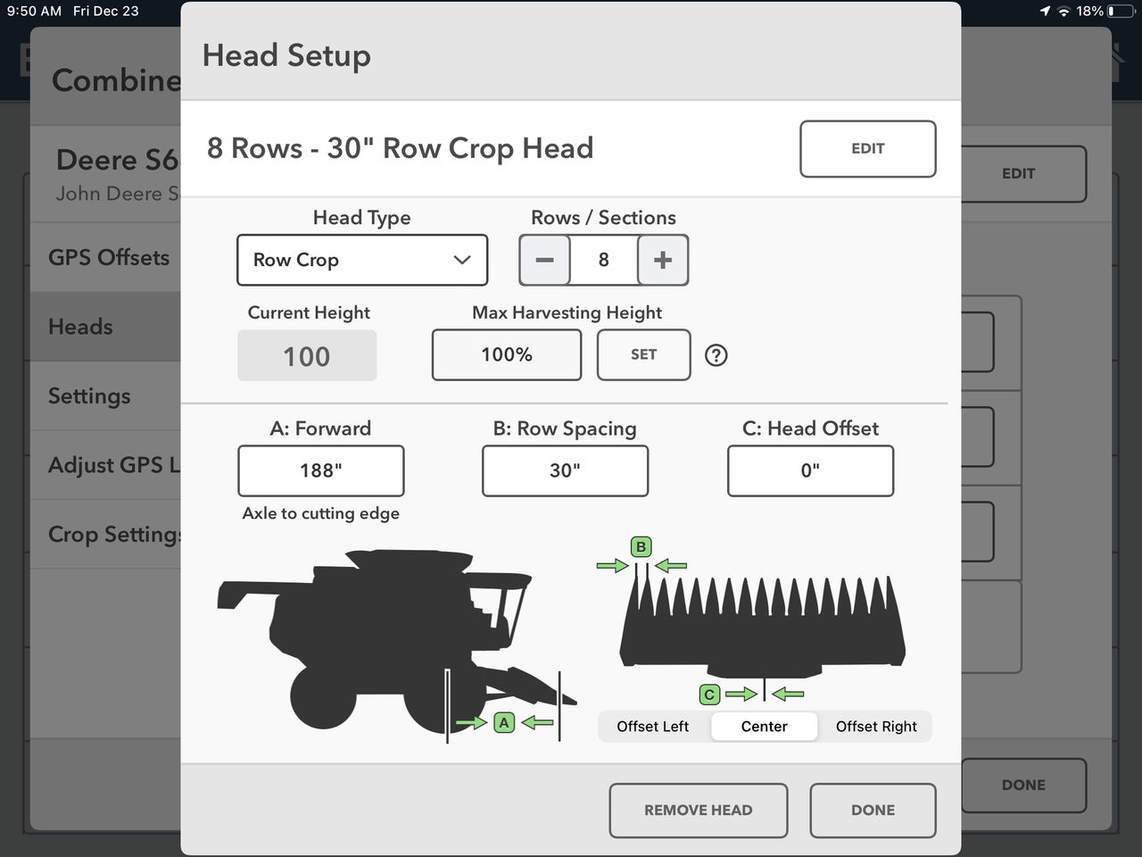 FieldView cab app combine head set-up screen for setting up row crop heads and their measurements.