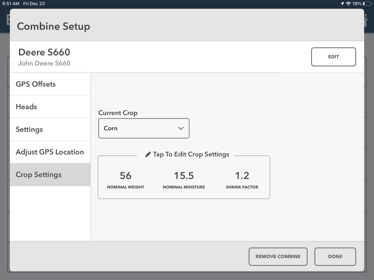 Crop Settings screen which appears in Combine Setup where you can select corn, soybeans, and more to edit their crop settings.
