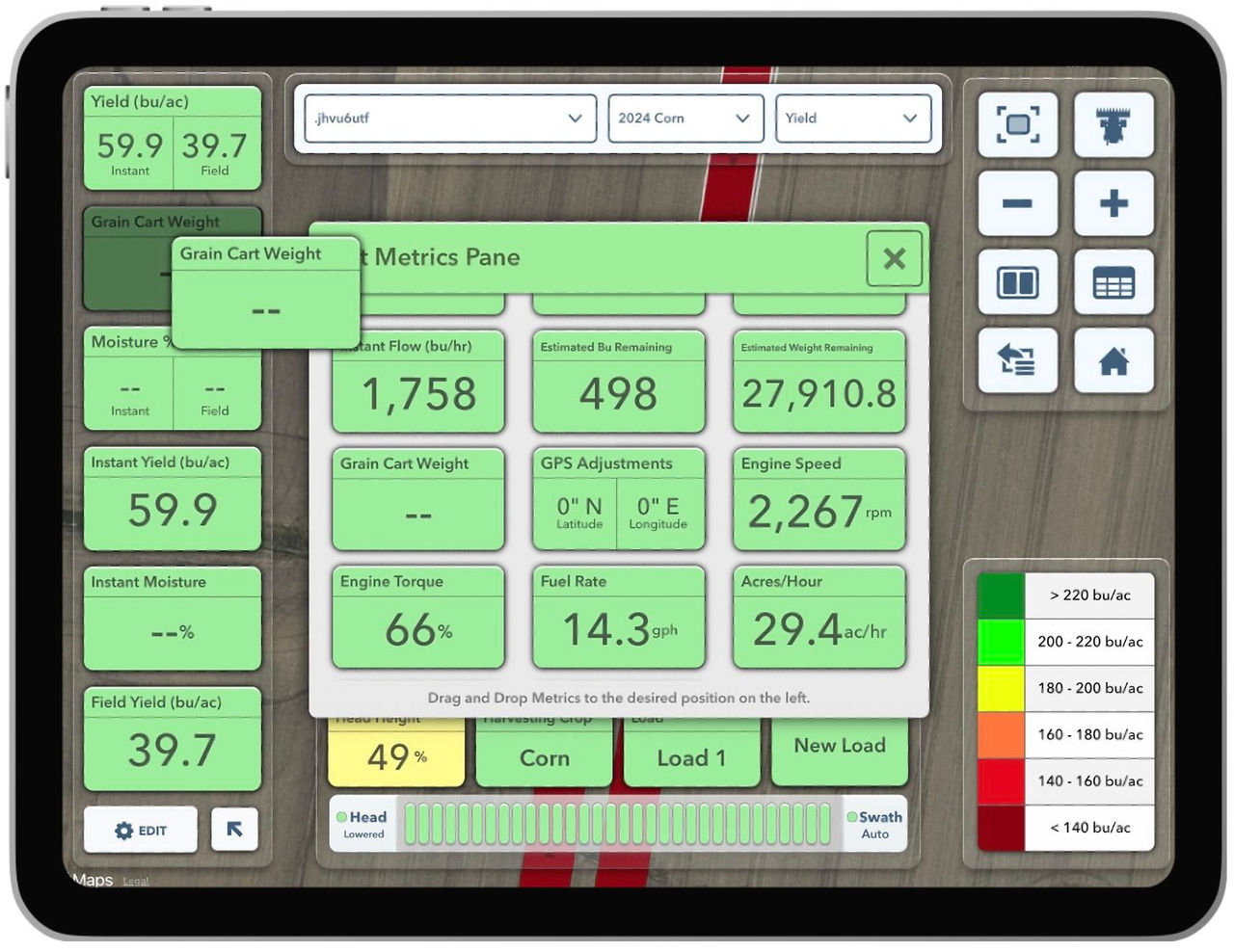 The FieldView Cab App metrics pane now displays the Grain Cart Weight metric which can be added to the FieldView App Map screen.