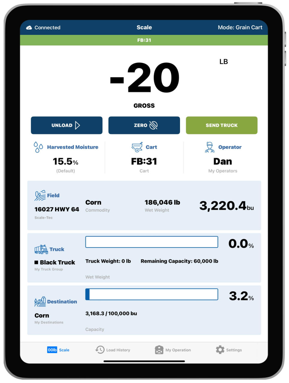 TEXT Scale-tec Harvest Data is displayed in the The FieldView Cab App.