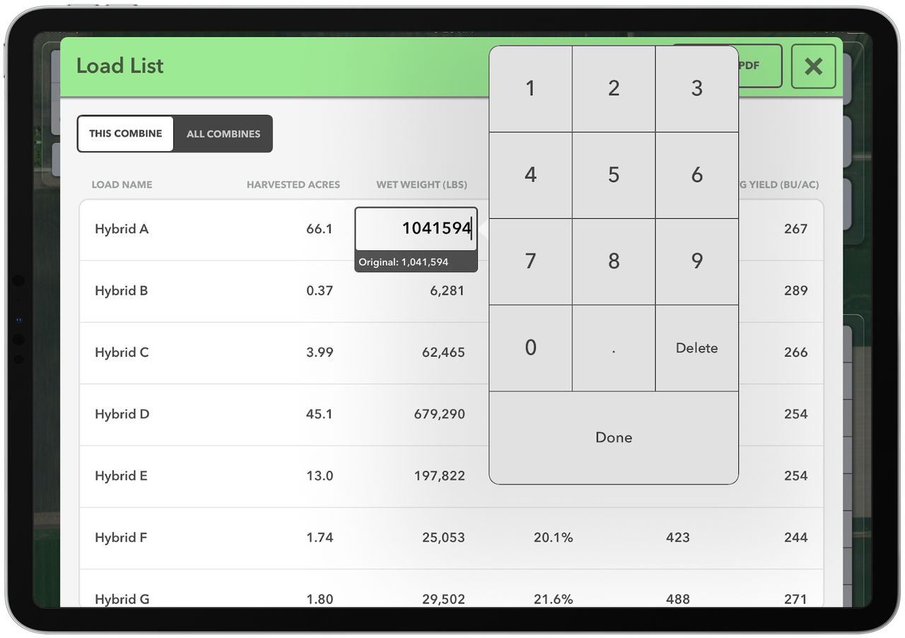FieldView Cap App Hybrid Load list screen is displayed on an iPad and shows how a farmer is able to edit data.
