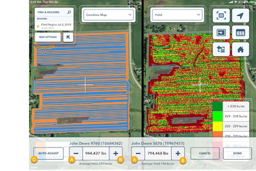 FieldView Cab App Yield Adjustment controls for multiple combines.  