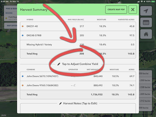 FieldView Cab App Harvest Summary Report where you can tap to see adjustment controls. 