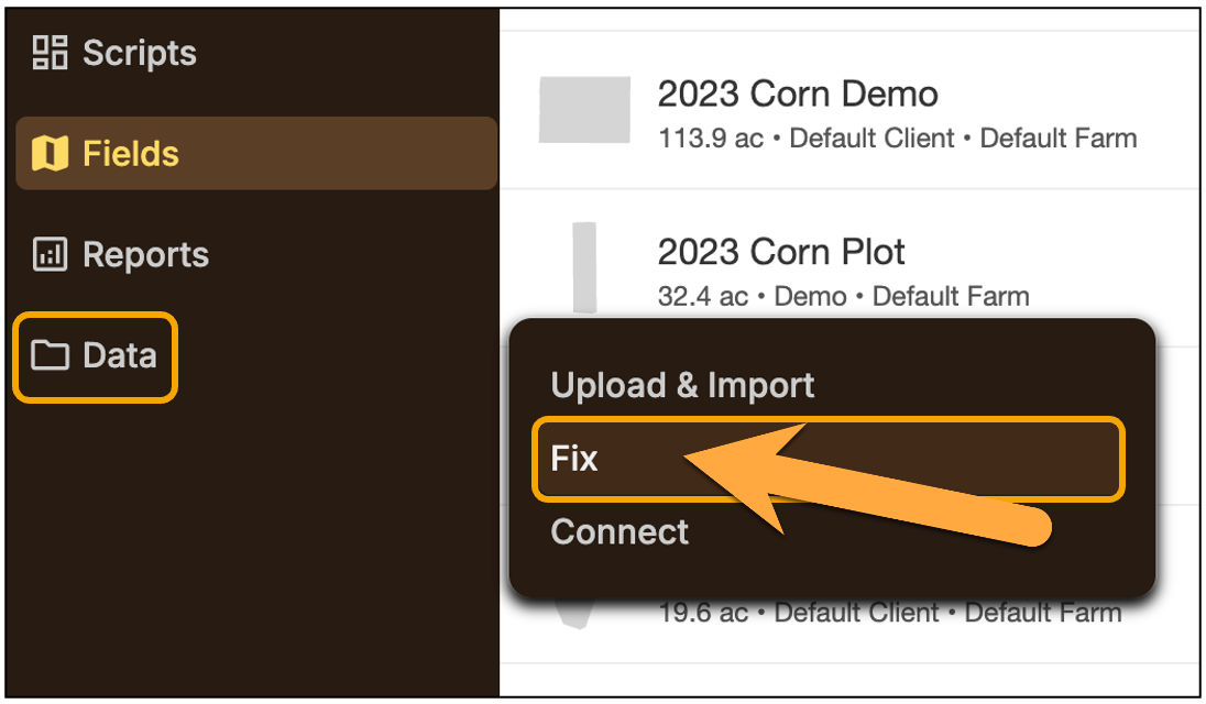 FieldView menu showing Data selected and the Fix option highlighted for accessing tools to correct field data.