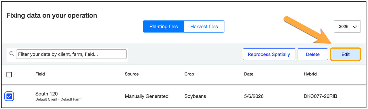 FieldView data management screen showing a selected planting field and the Edit button highlighted to begin editing crop or hybrid data.