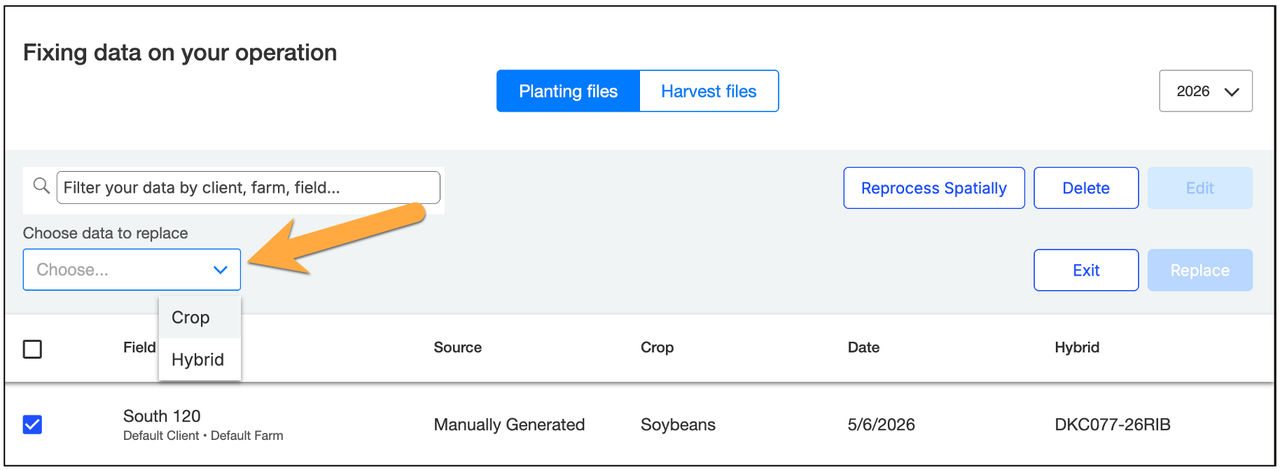 FieldView data management screen showing the “Choose data to replace” dropdown with options to edit Crop or Hybrid data.