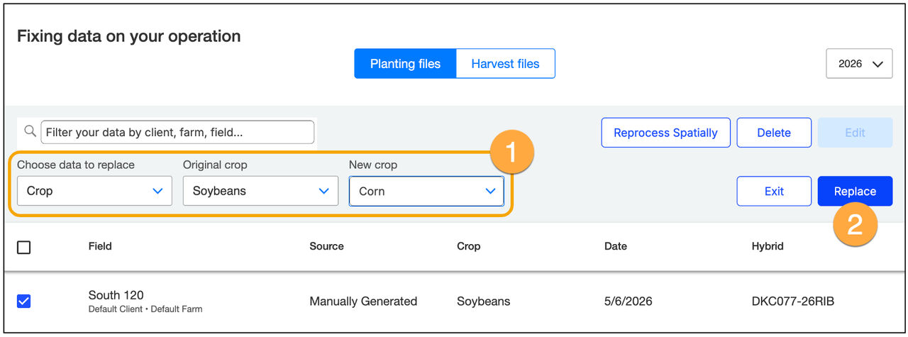 FieldView data management screen showing a selected crop being changed from soybeans to corn using the Replace button.