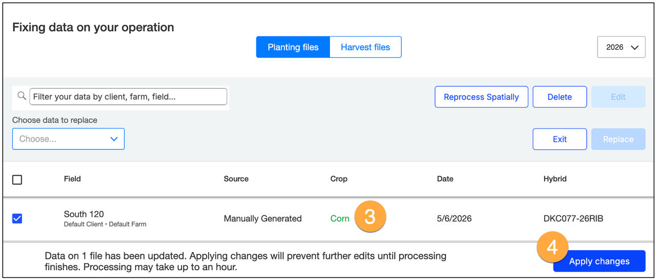 FieldView data management screen showing the updated crop type, corn, in green text and the Apply Changes button to finalize the update.