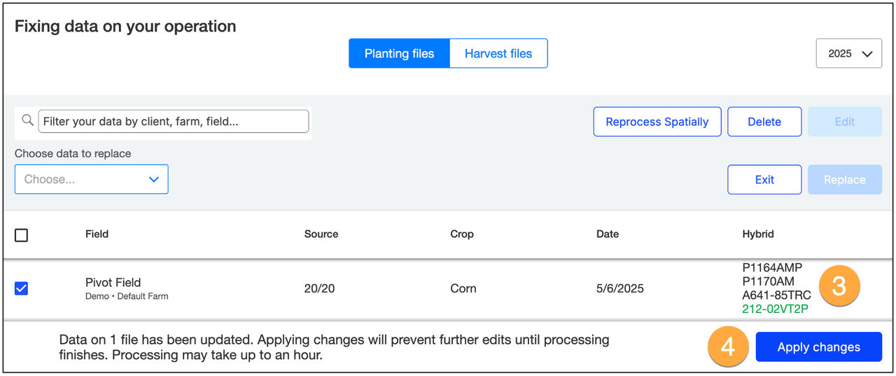 FieldView data management screen showing the updated hybrid name in green text and the Apply Changes button to finalize the update.
