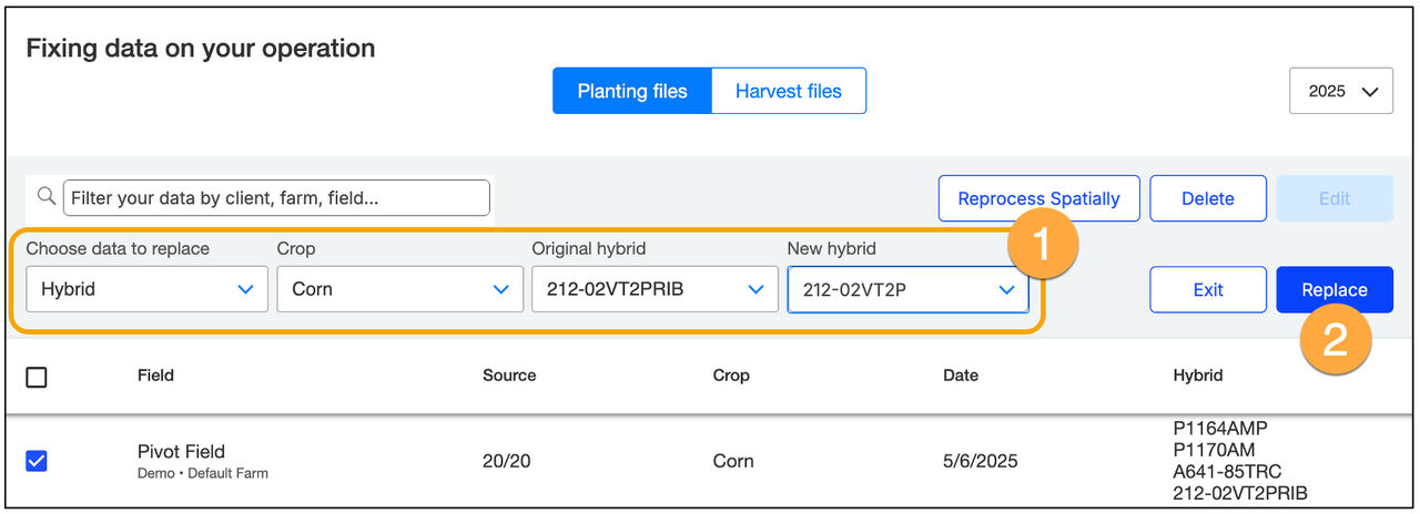 FieldView data management screen showing a selected hybrid being replaced with a new hybrid name using the Replace button.