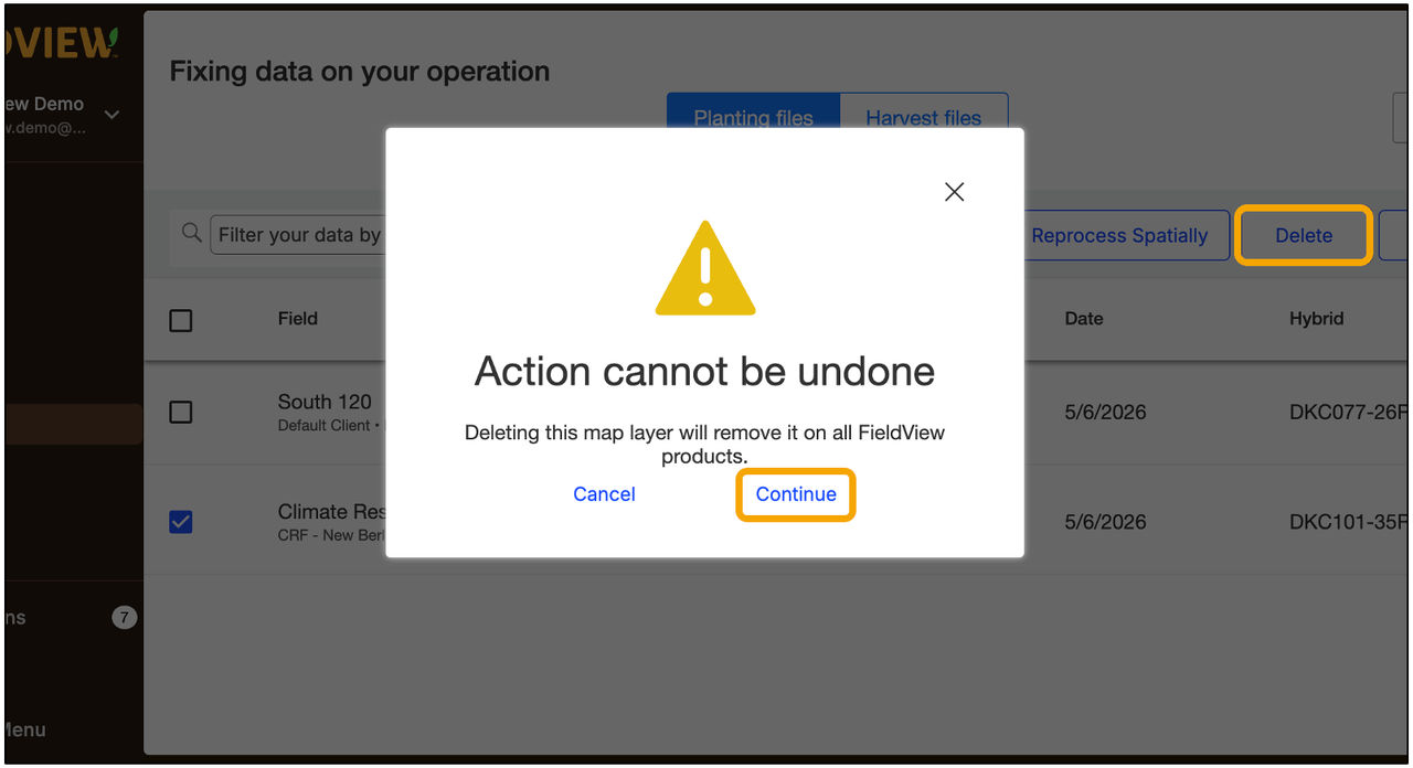 FieldView data management screen displaying a warning that deleting a selected map layer cannot be undone, with Cancel and Continue options.