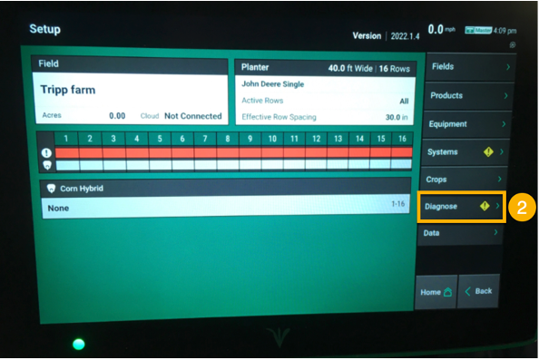20|20 YieldSense® Monitor Gen 3, Shared Swath Step 2 Select Diagnose