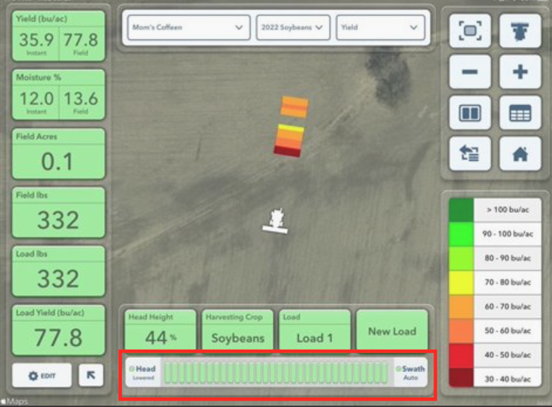 FieldView Cab App Map Screen which shows a bar that designates whether the head is lowered and swath control is engaged.