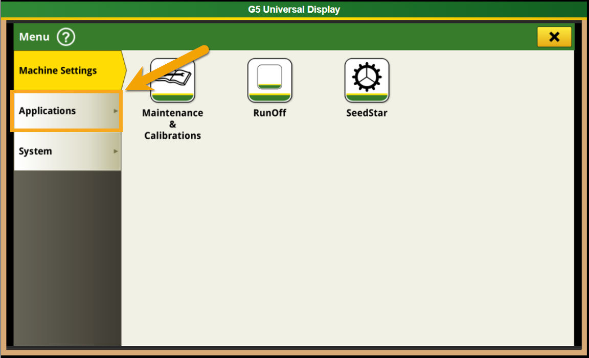 john deere G5 Universal display featuring the applications tab