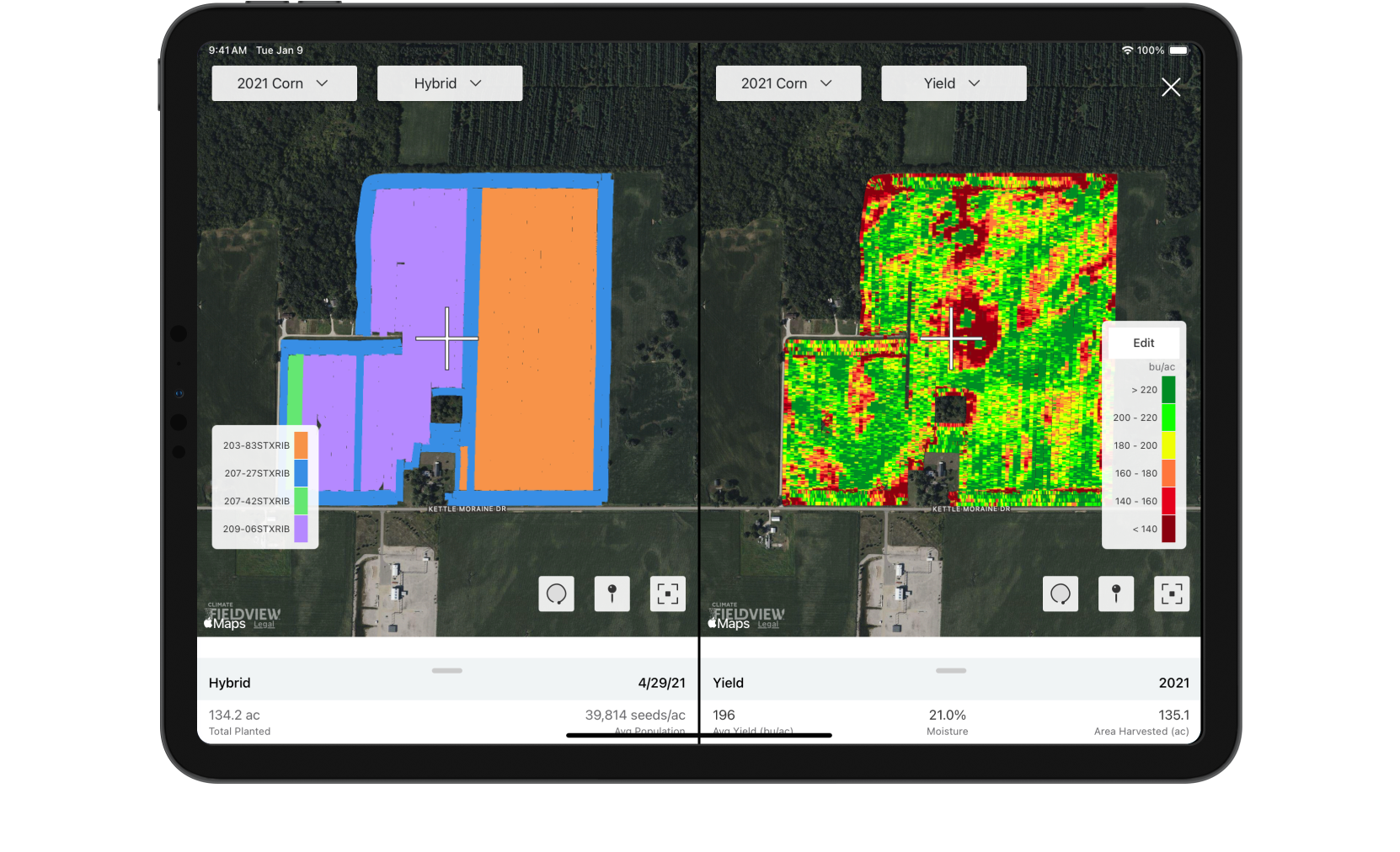 Side-by-side map comparing hybrid to yield