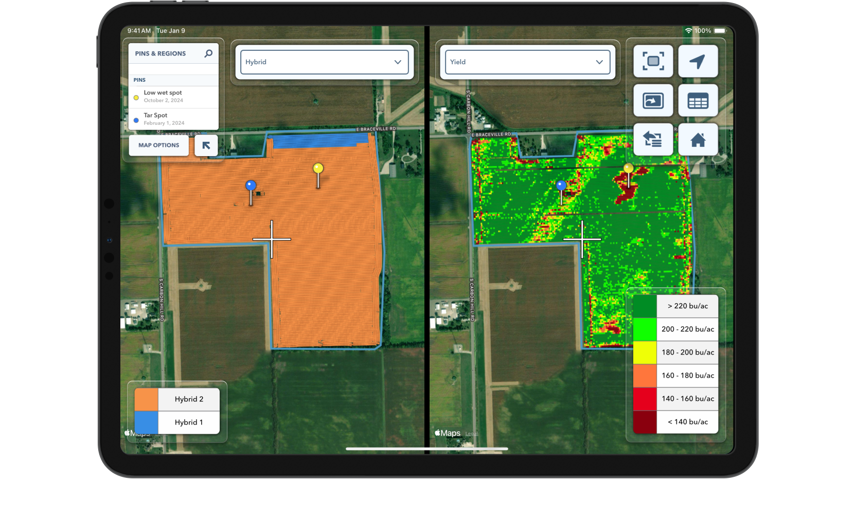 Side-by-side map comparing hybrid to yield in the FieldView Cab app.