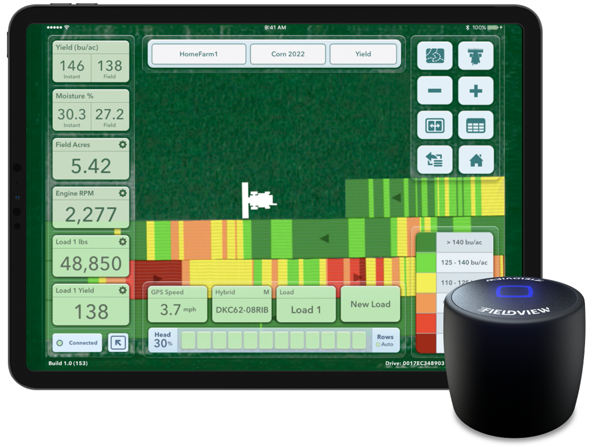 iPad with in-progress harvest and a FieldView Drive 2.0