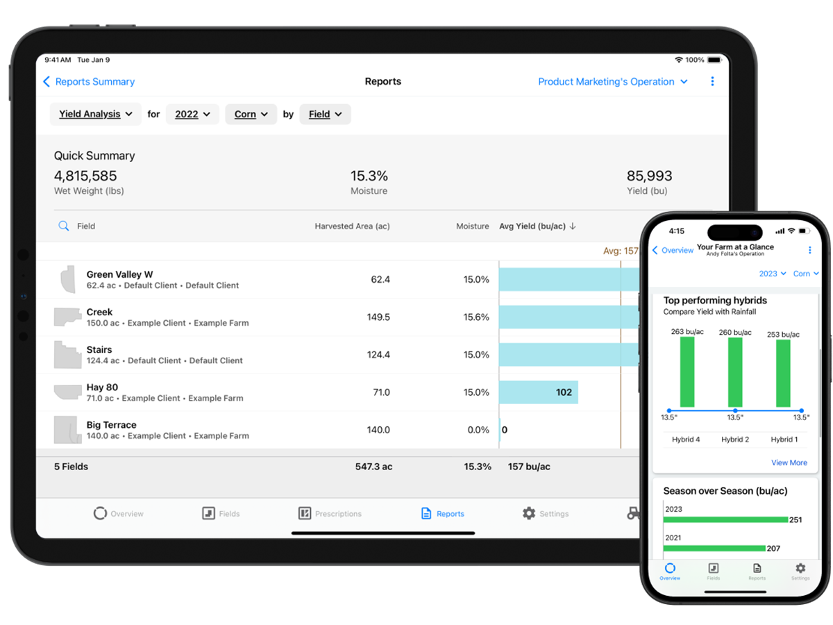 iPad and phone with FieldView report screens. 