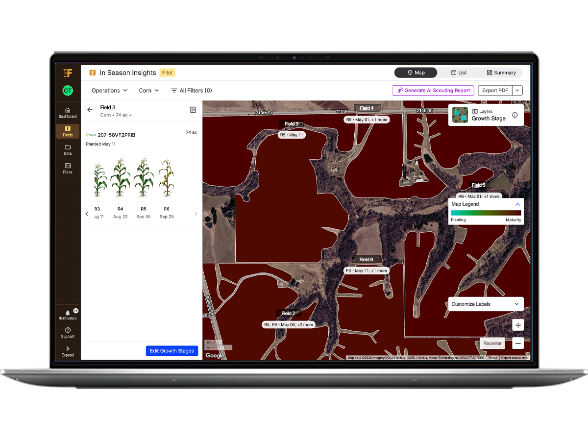 iPad and a phone with FieldView scouting maps. 