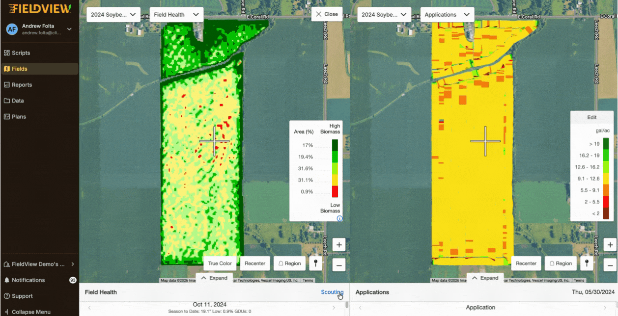 FieldView splitscreen map comparing application data and scouting data with field health imagery and vegetation imagery. 