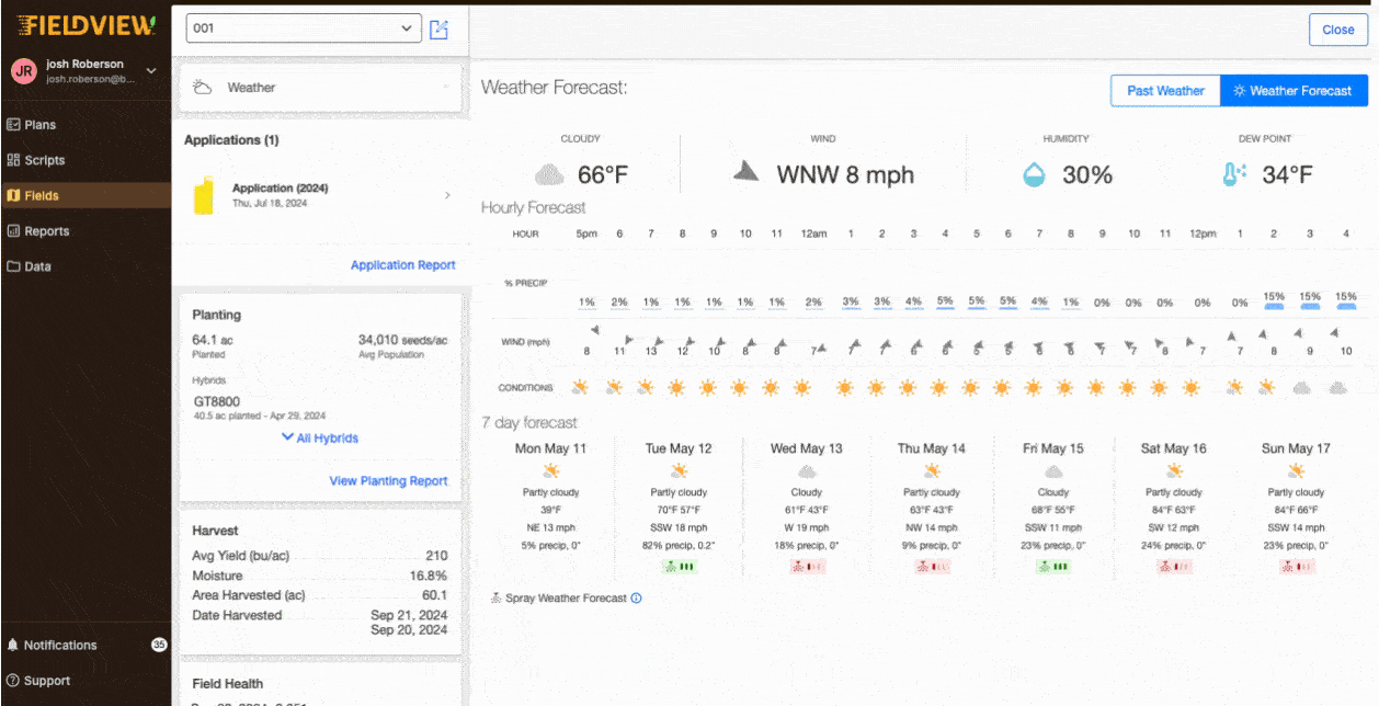 Weather forecast and past weather data in FieldView.